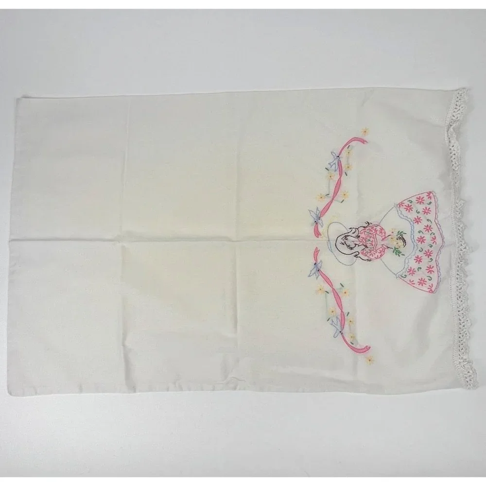 Vintage Hand-Embroidered Pillowcases Crochet Edge Set of 2 Girl with Basket of F